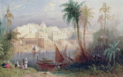 Ansicht einer indischen Stadt am Fluss, mit Booten auf dem Fluss und Figuren im Vordergrund von Thomas Allom